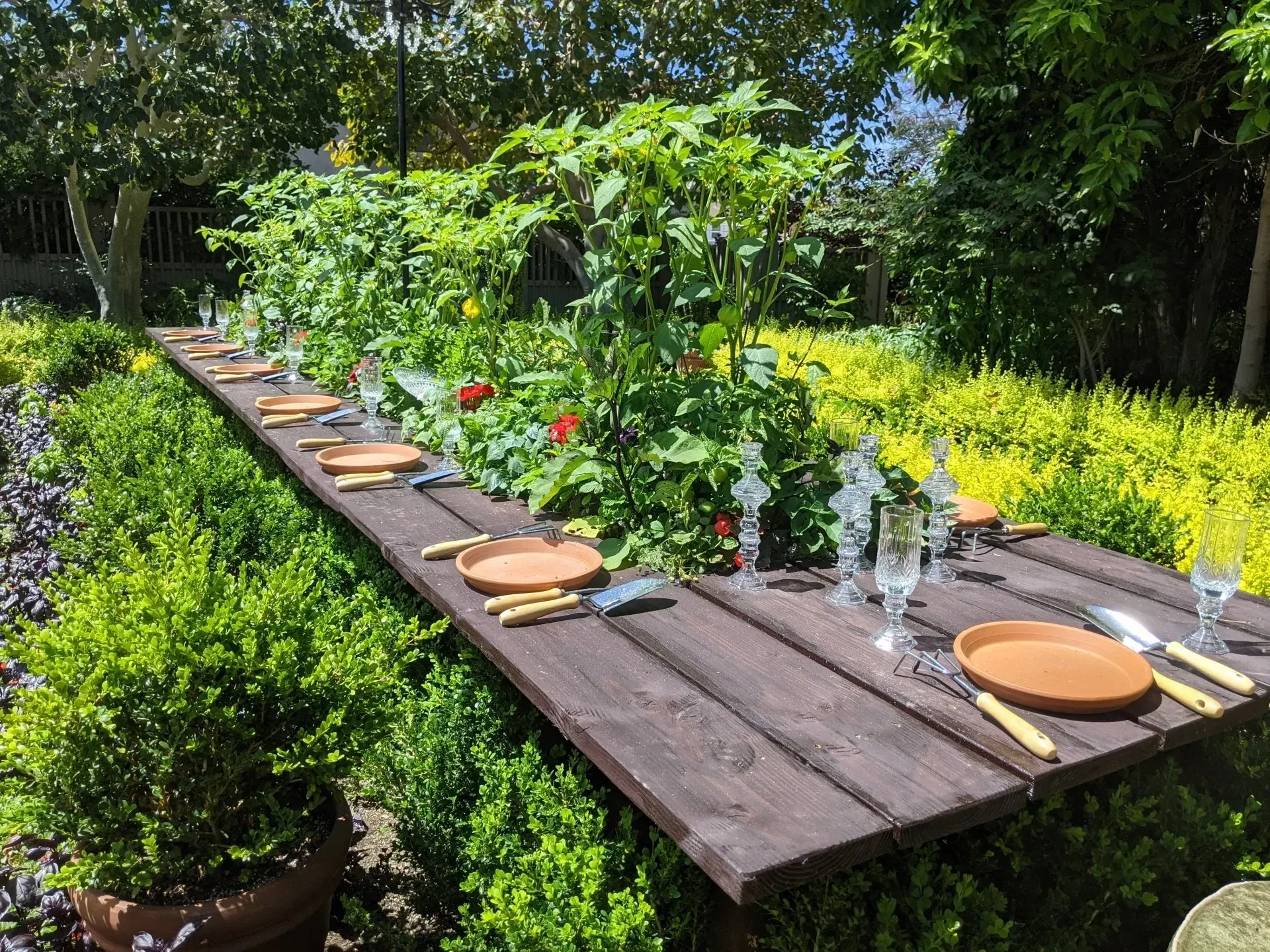 A long outdoor dining table set for a meal in a garden with greenery. Plates, silverware, and glasses are placed.