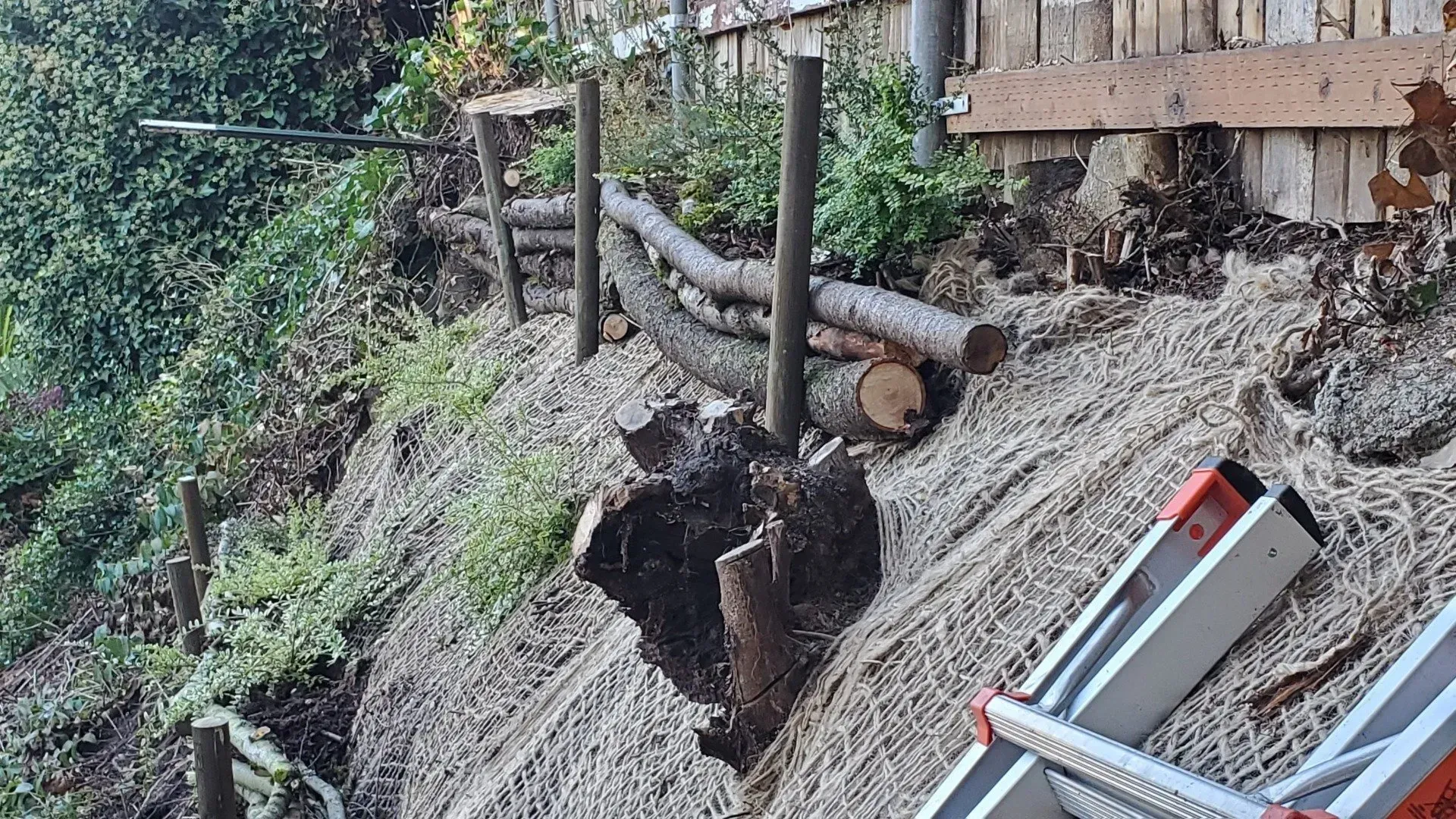A rustic wooden fence along a hillside. A partially collapsed area reveals the earth beneath. A ladder is in the foreground.