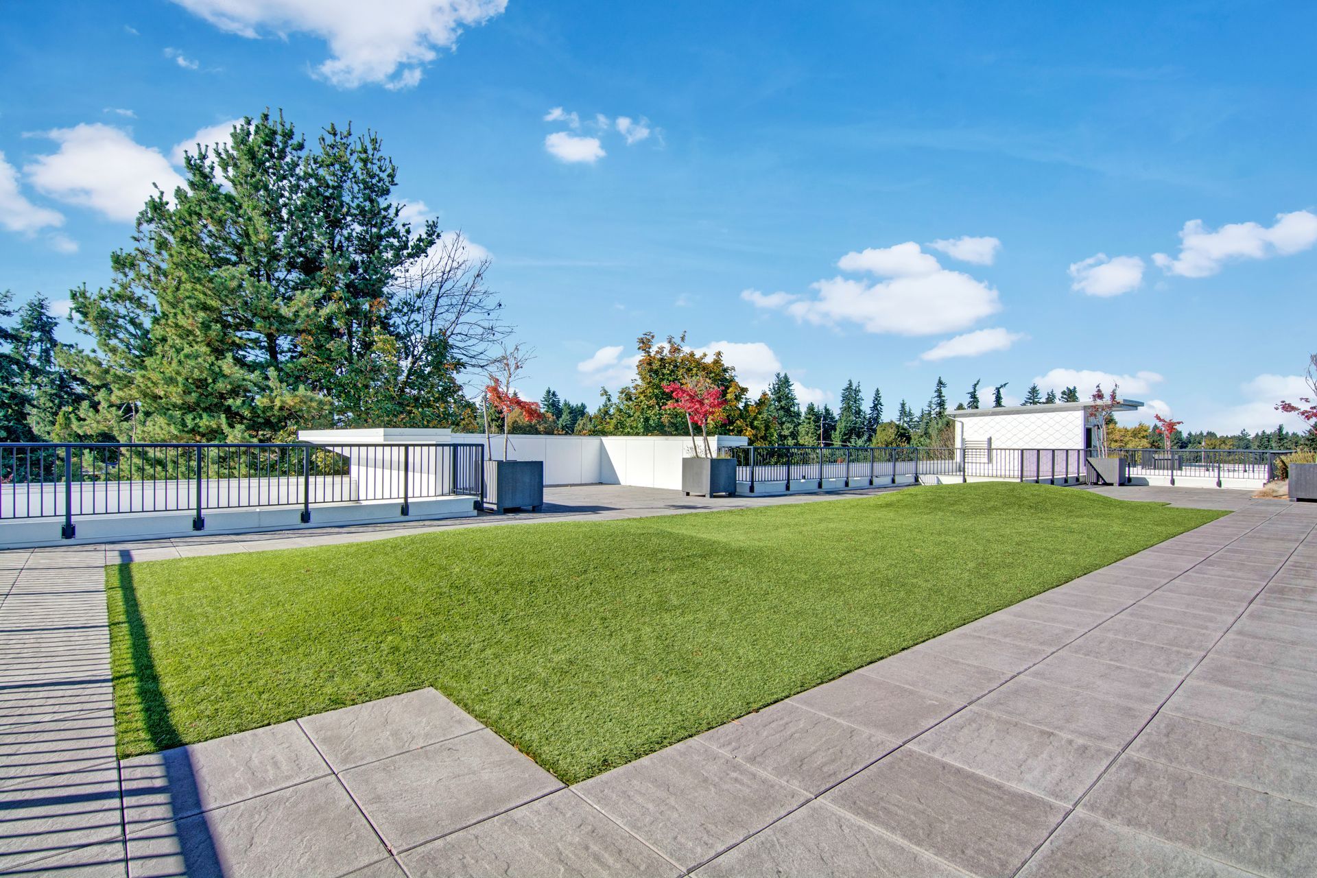 There is a large lawn on the roof of a building.