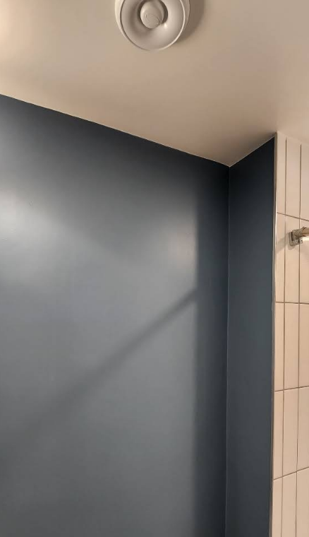 Blue bathroom wall, with white tiled section and a ceiling vent.