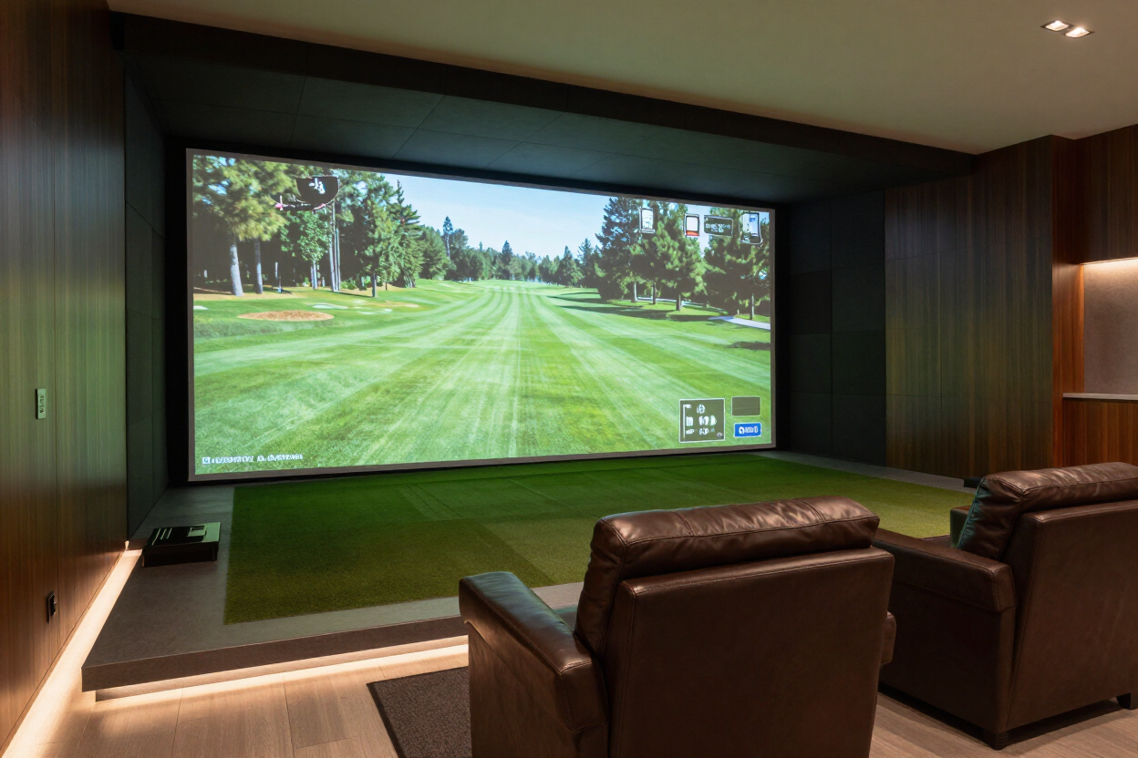 Luxury golf simulator bay with large display showing a famous fairway