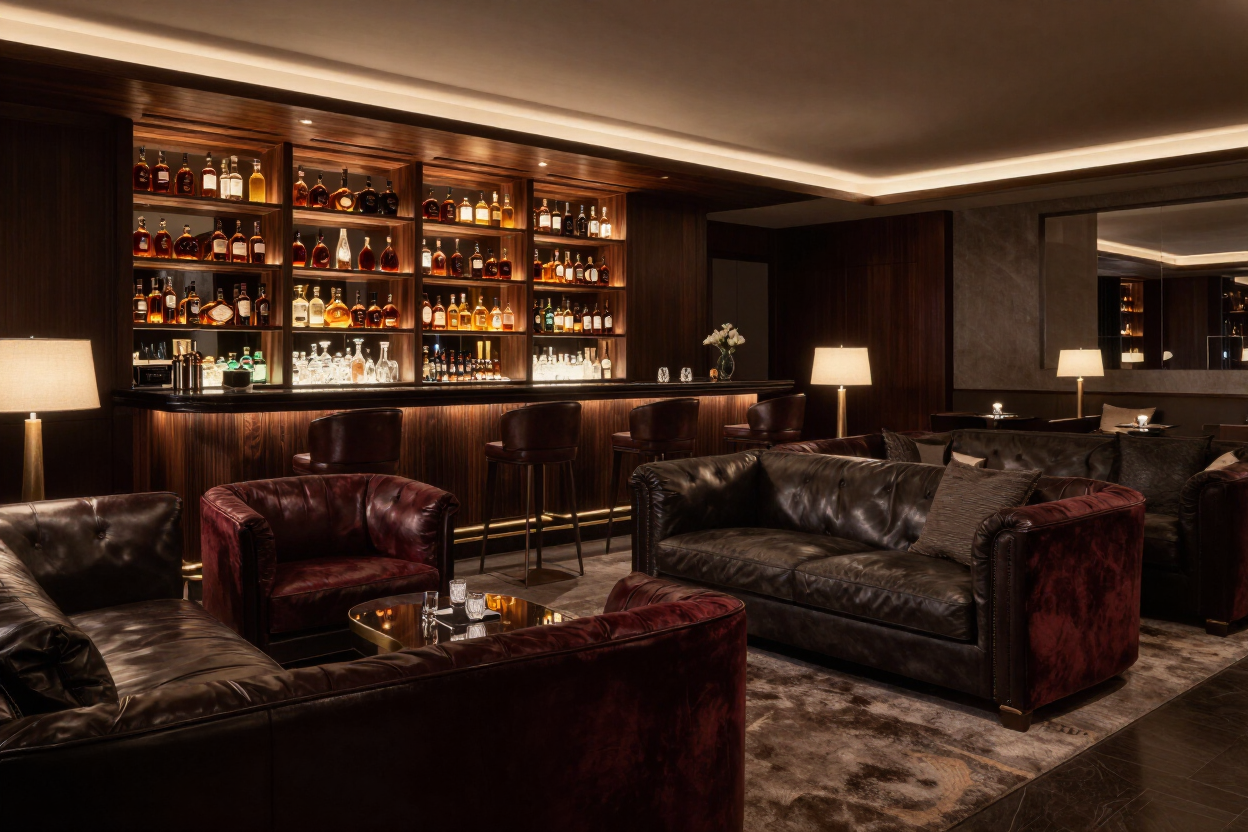 Luxurious private members lounge with premium bar and intimate seating