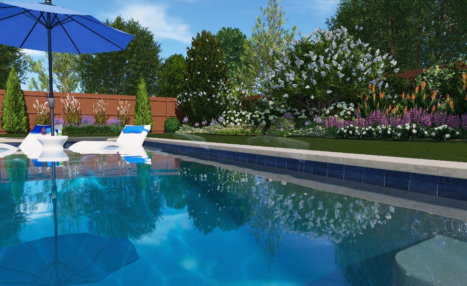 Swimming pool with fountain, patio, table, chairs. Light beige patio with a light blue tiled pool.
