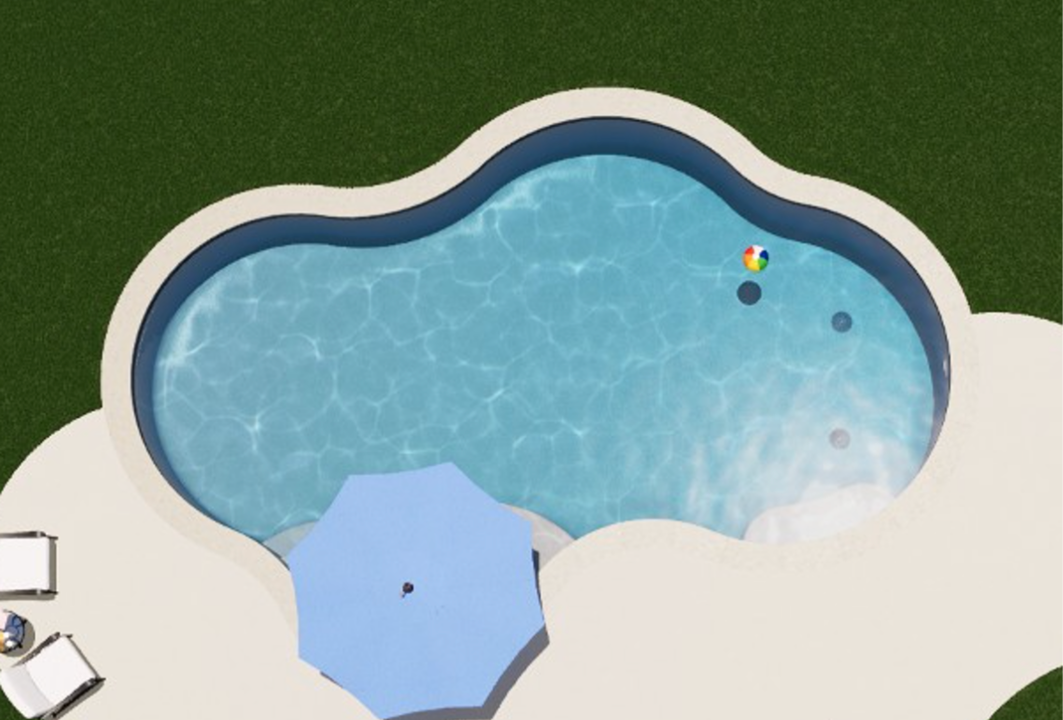 Overhead view of a swimming pool with a beach ball, umbrella, and lounge chairs on a lawn.