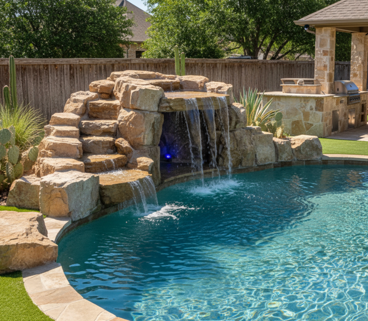 Pool with waterfall feature and built-in stone steps. Turquoise water, rock formation, and outdoor kitchen.