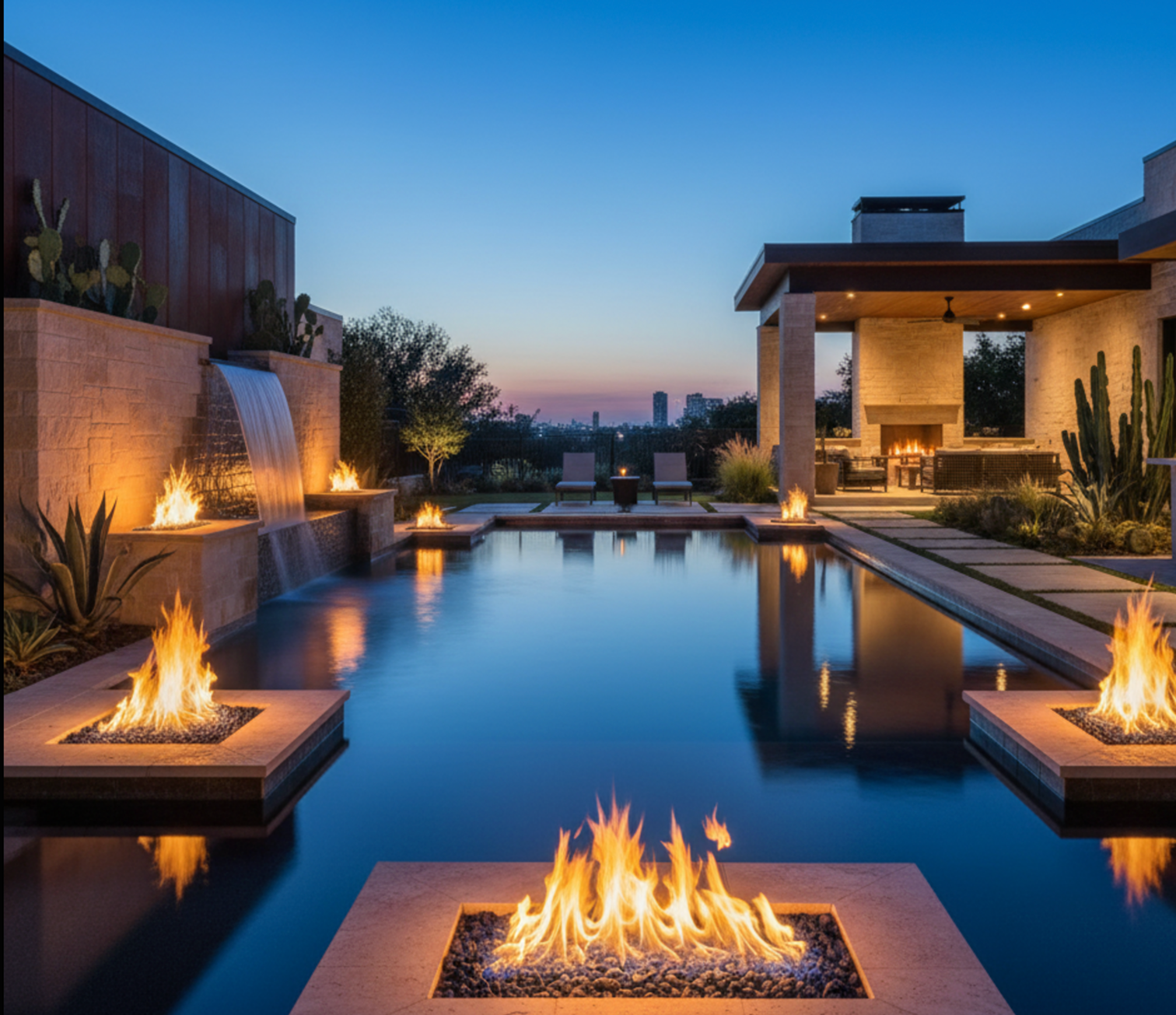 Swimming pool at dusk with fire features and a covered patio.