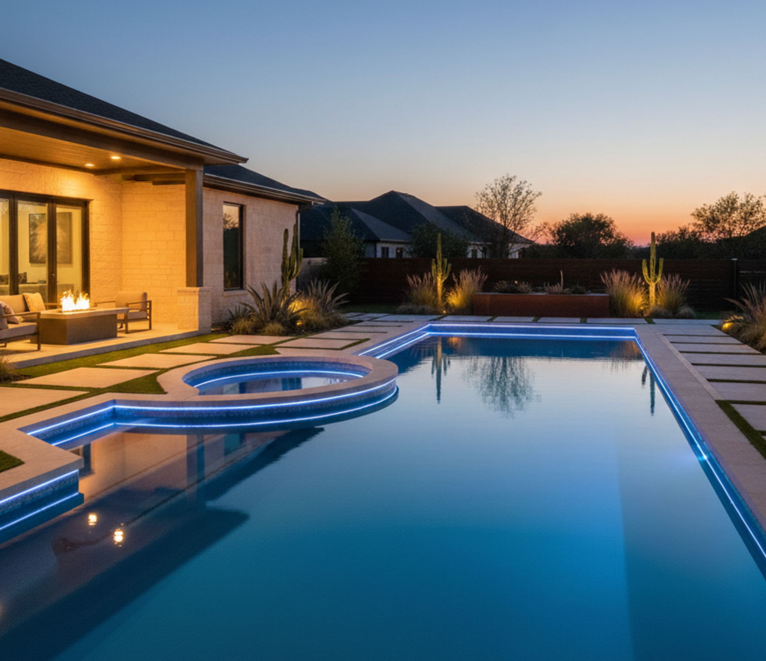 Night view of a pool with blue lights, hot tub, and modern house with outdoor seating.