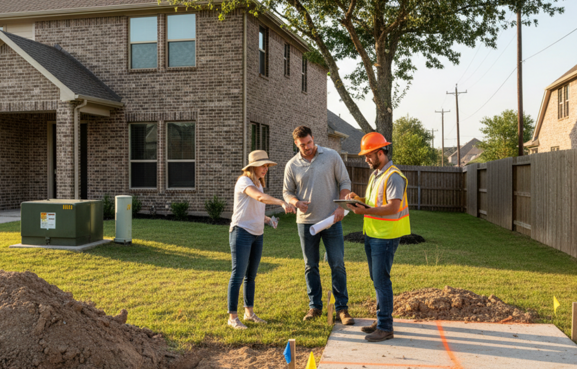 Couple reviewing blueprints with a construction worker in front of a new house, pointing and discussing.