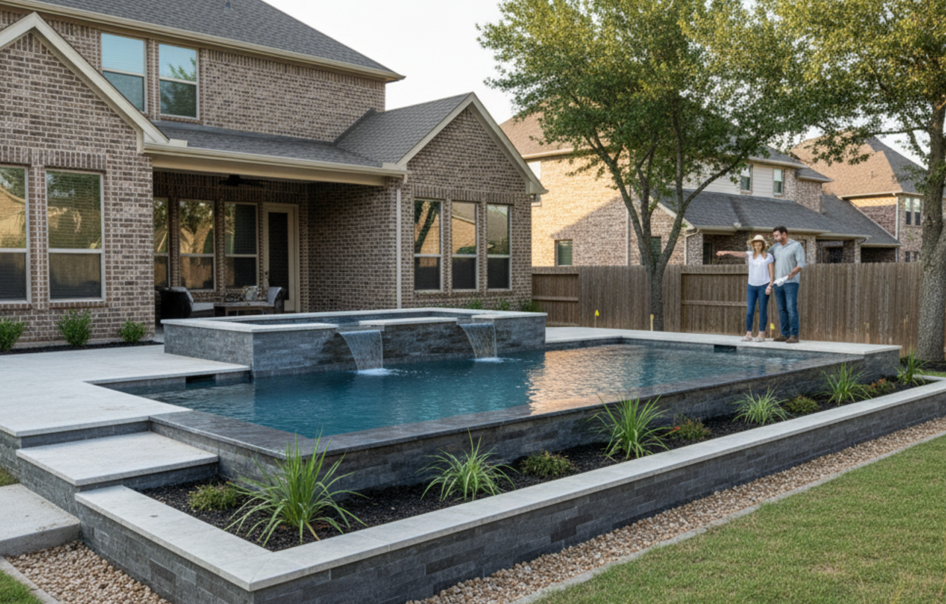 Backyard with a pool and a couple standing near it. Brick house.