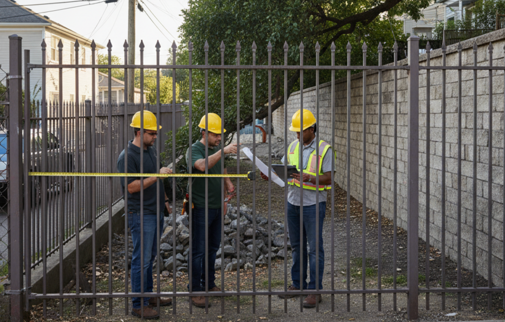 Three construction workers measure a metal fence outdoors, one holding a tape measure, another a blueprint.