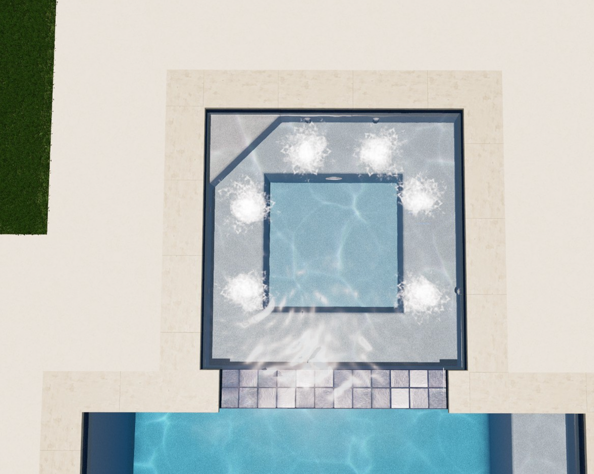 Overhead view of a modern pool with a square spa, surrounded by a light-colored patio. Water features cascade.