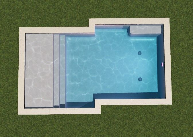 Backyard pool with spa, landscaping, brown fence, and green lawn. Water is blue.