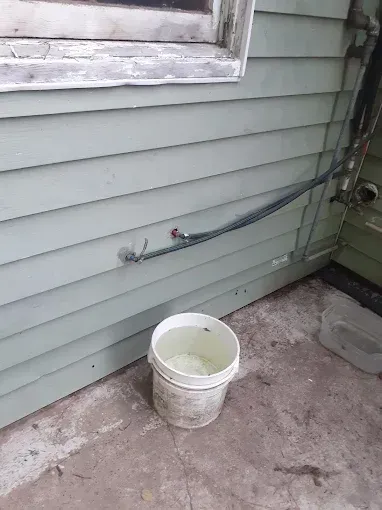 A white bucket sits on a concrete patio, catching water dripping from two pipes extending from the side of a green house.