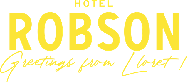 A yellow logo for a hotel called robson greetings from corset.