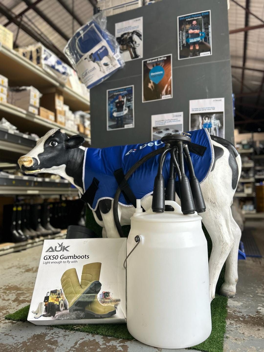 A statue of a cow wearing a blue jacket is standing next to a milking machine.