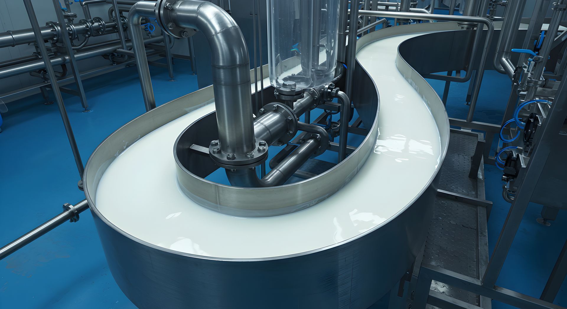 Milk flowing through stainless steel dairy processing equipment during operation.