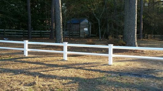 White three-rail fence in a grassy field, with trees and a small shed in the background.