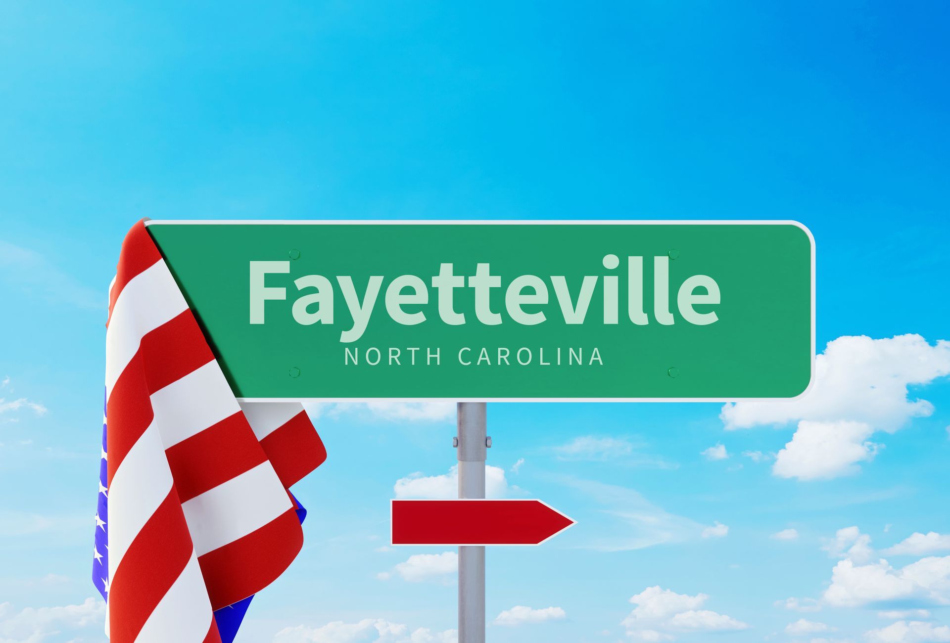 A green street sign for fayetteville north carolina