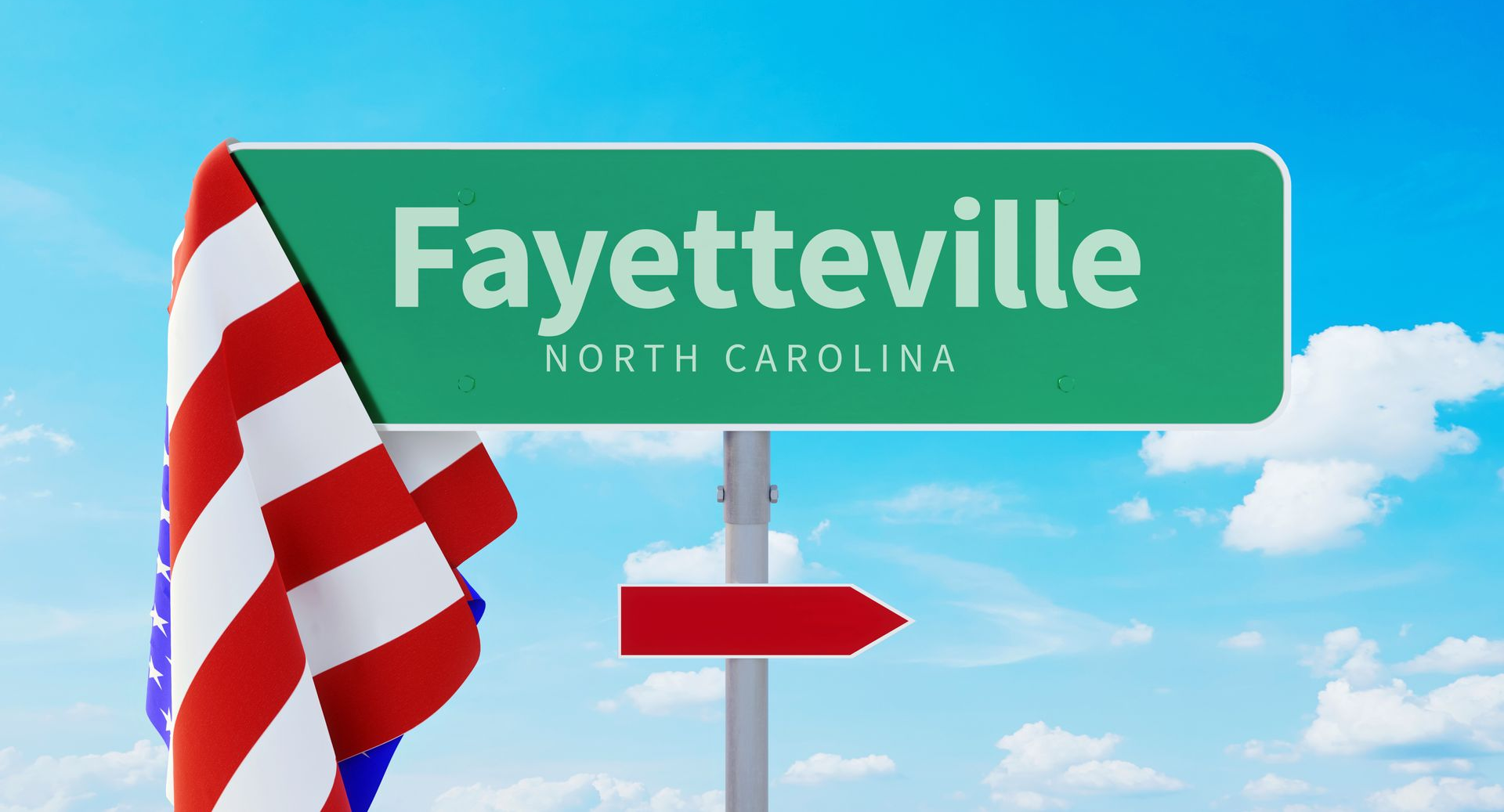 Fayetteville, North Carolina sign with US flag, blue sky background.