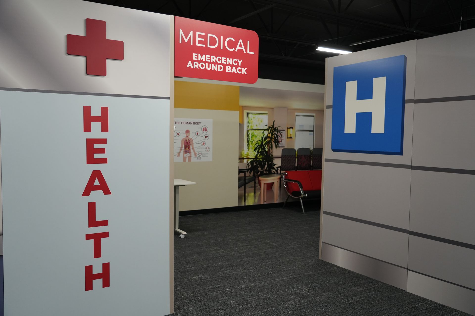 A hospital with a sign that says medical and health