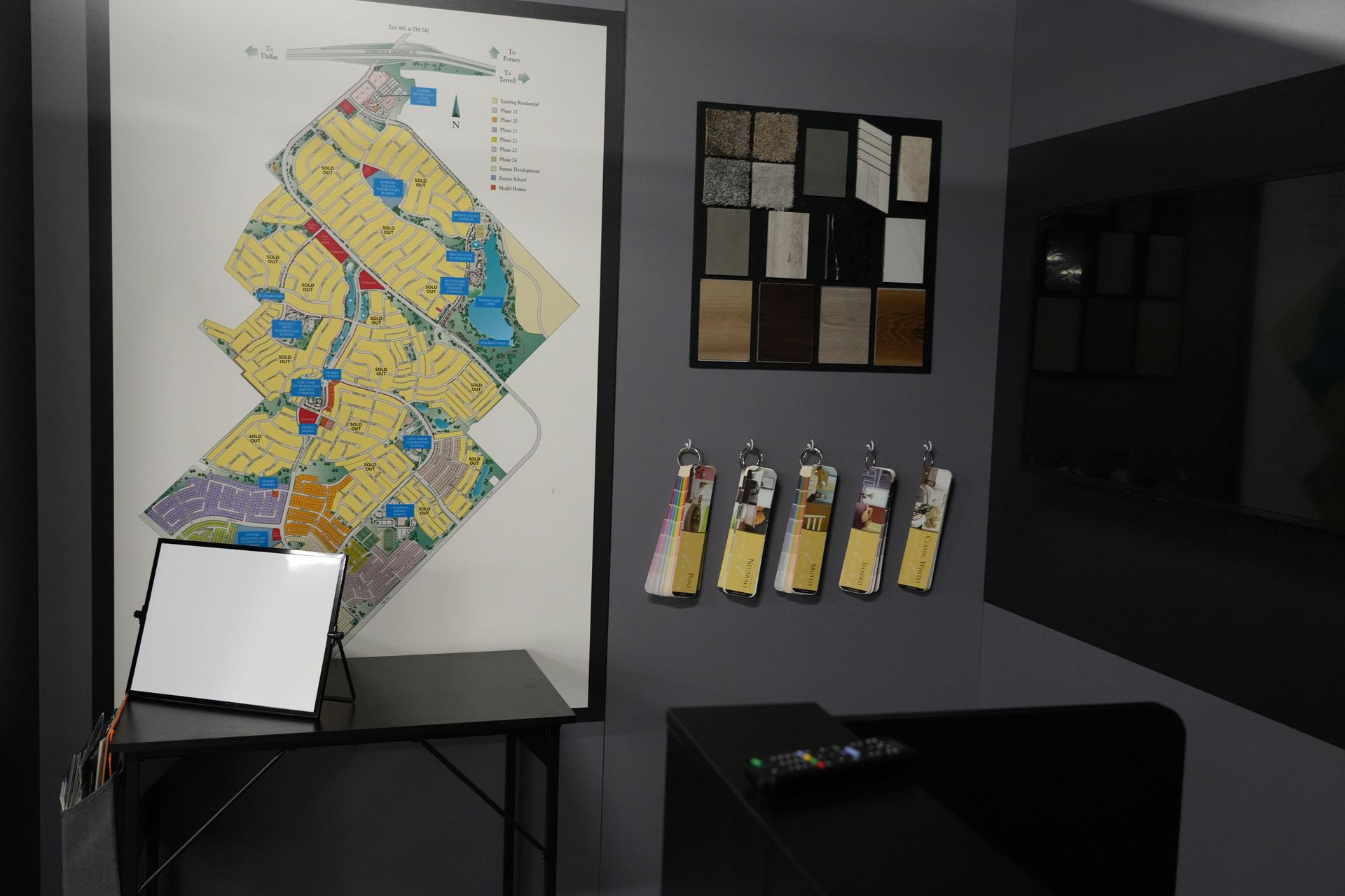 A room with a large map on the wall