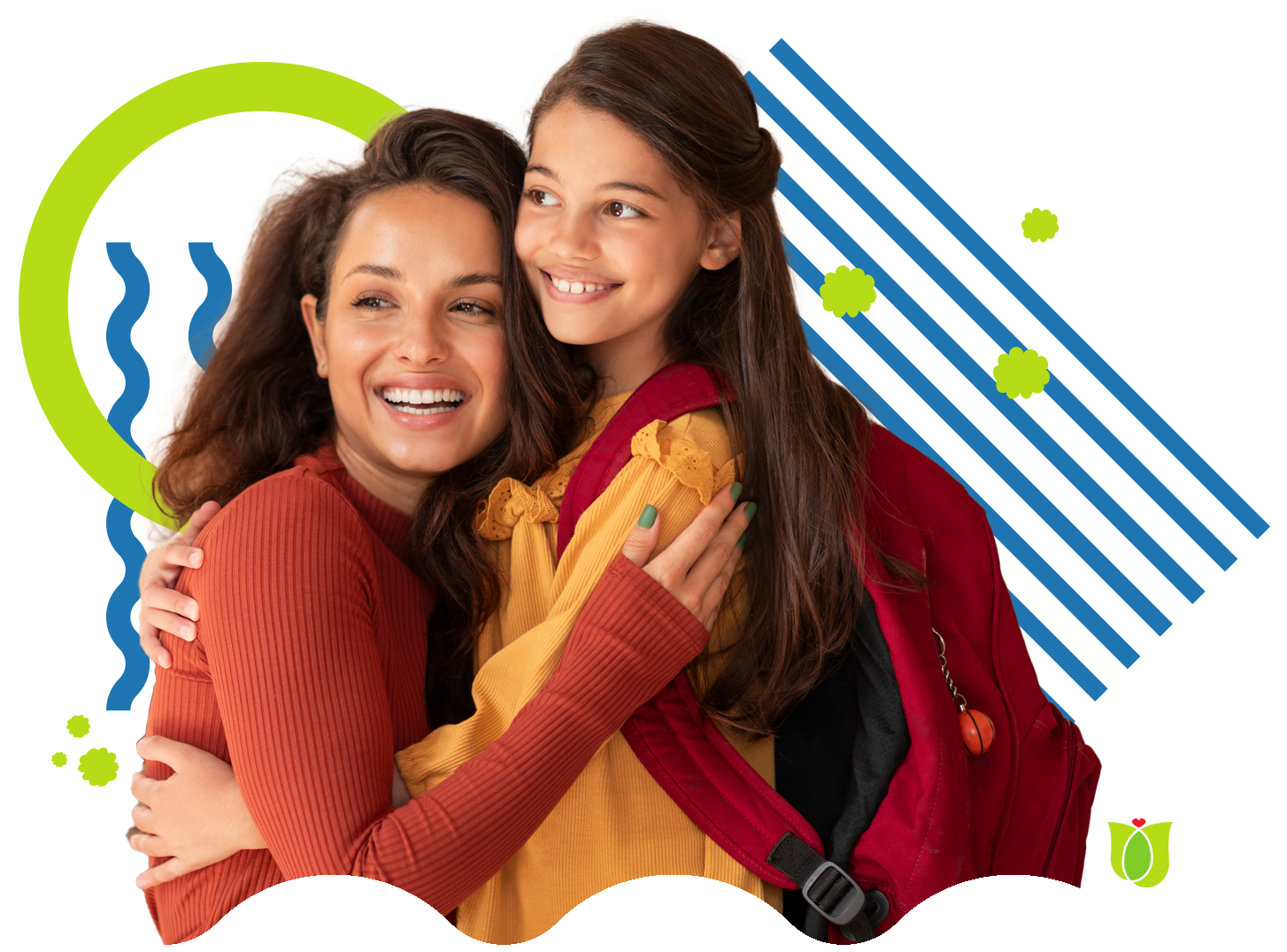 A woman is hugging a young girl with a backpack.