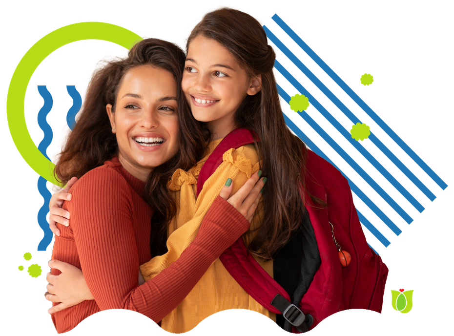 A woman is hugging a young girl with a backpack.