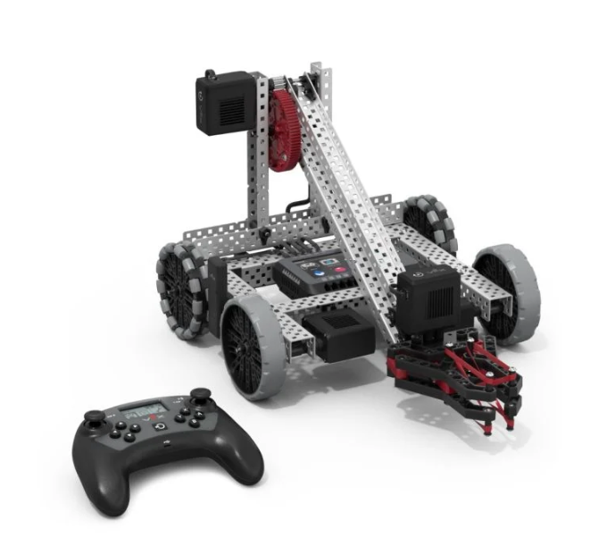 Robot with claw arm, remote control. Grey and black with red accents.