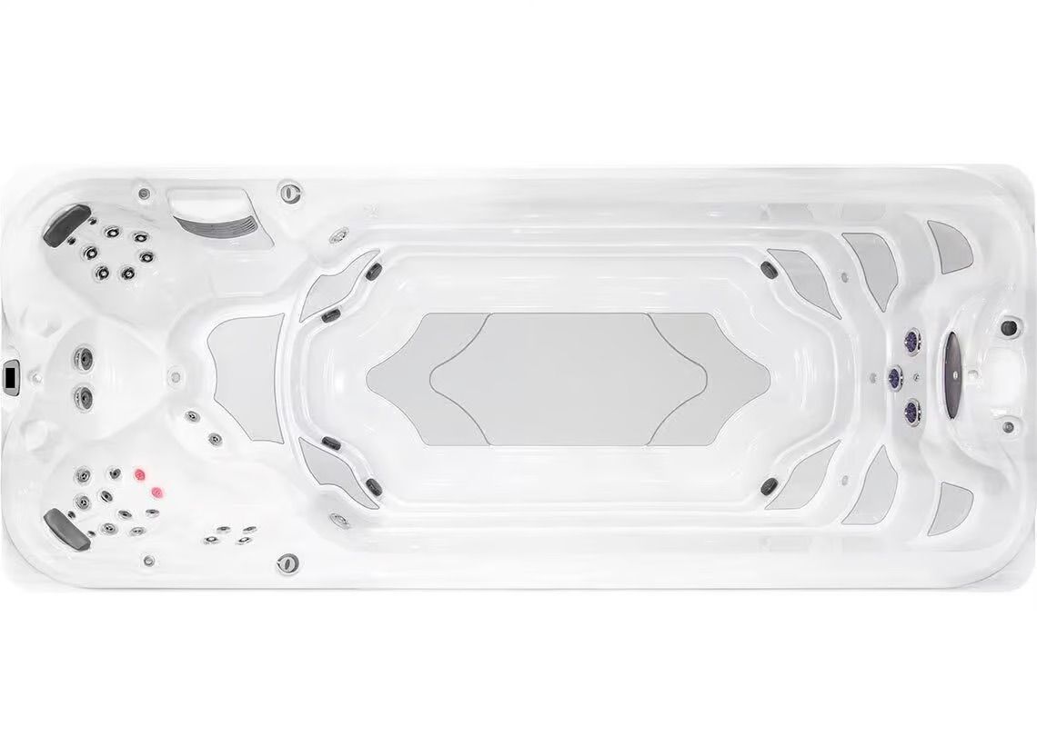 Une piscine blanche avec un fond gris et un dessus gris sur fond blanc.