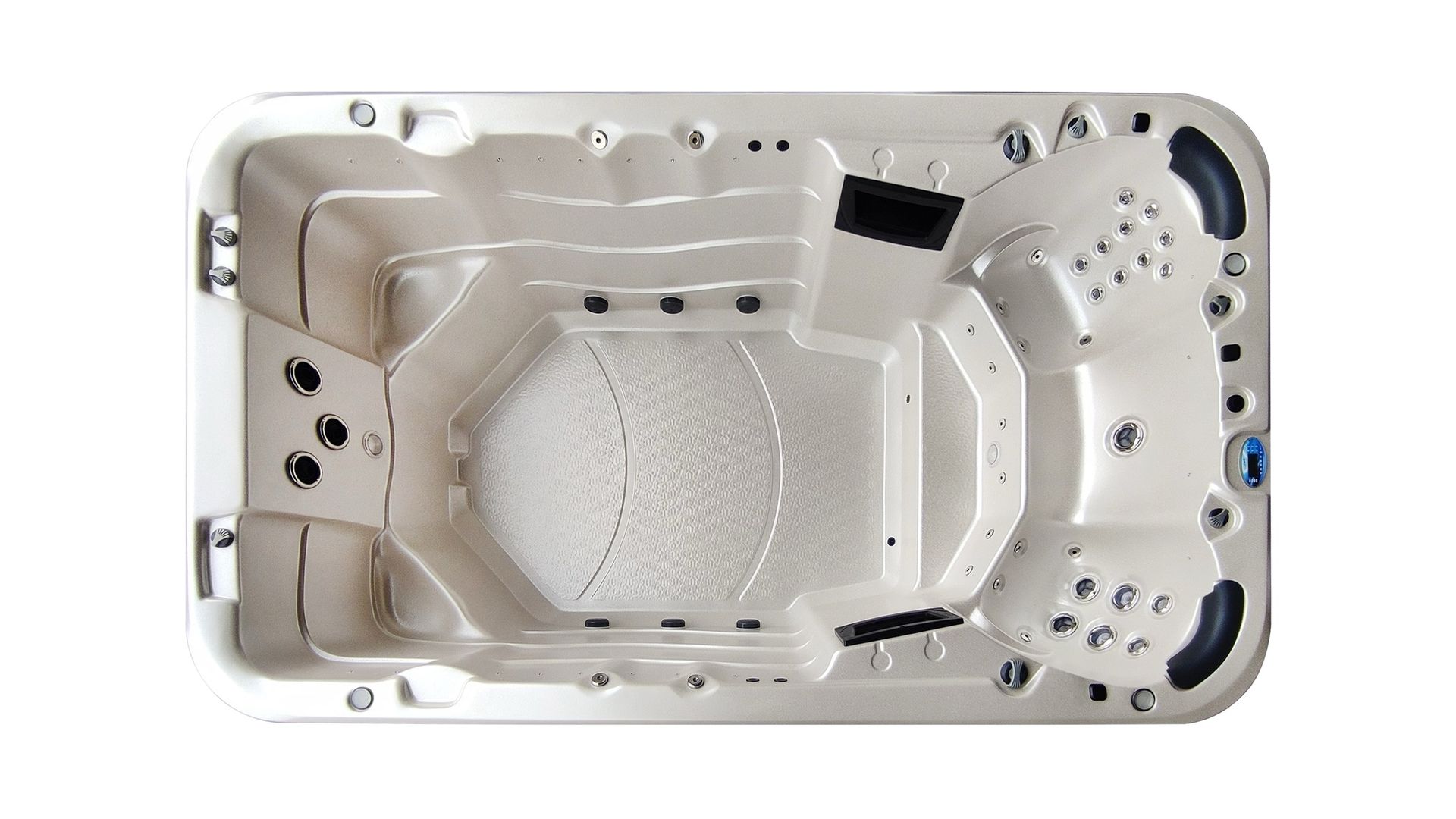 Une piscine blanche avec un fond gris et un dessus gris sur fond blanc.