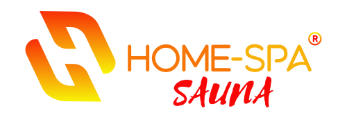 Le logo de Home Spa Sauna est bleu et blanc sur fond noir.