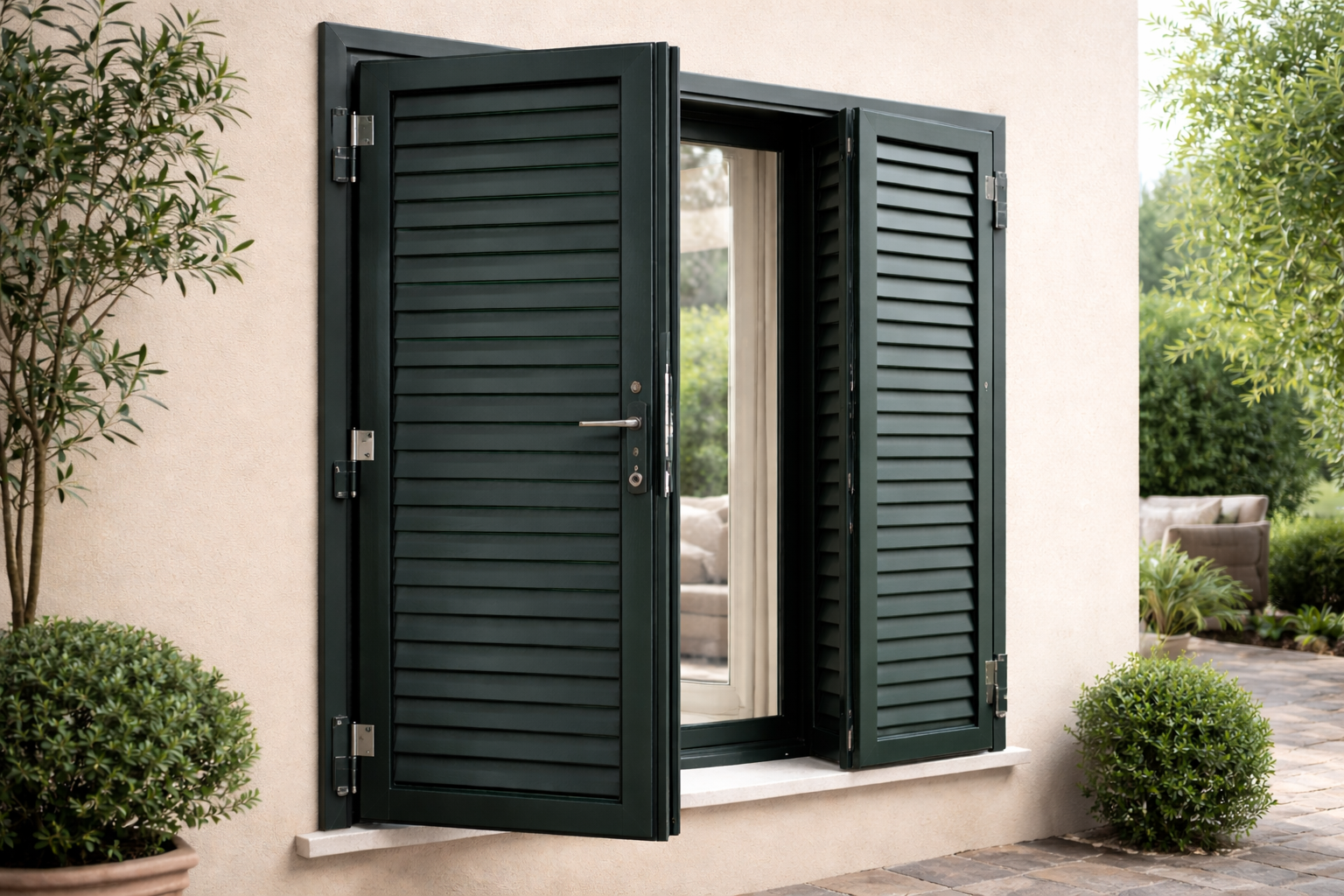 Persiane verde scuro su una finestra, aperte su una parete in stucco di colore chiaro.