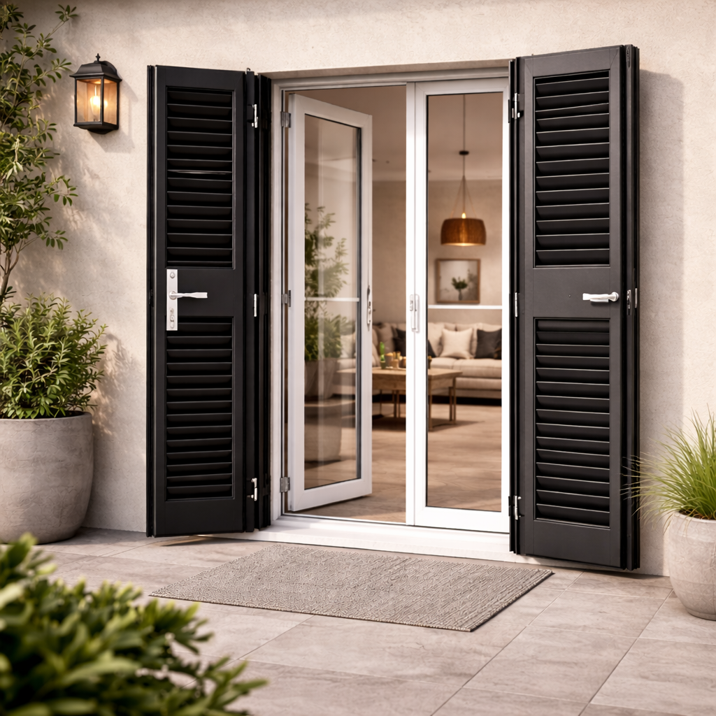 Le porte con persiane nere si aprono rivelando un soggiorno e un patio esterno.