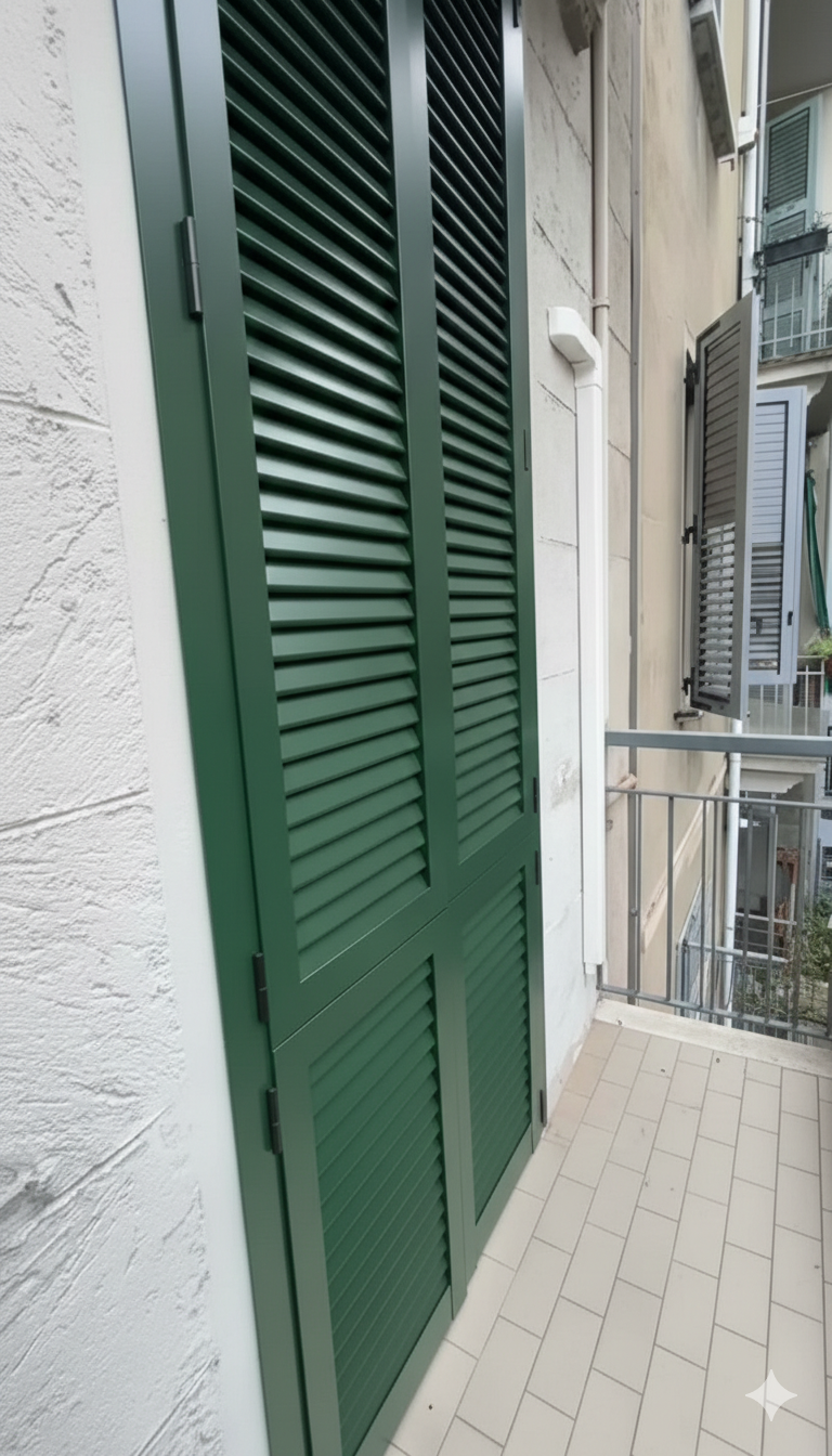 Persiane verdi su un balcone. L'inquadratura esterna mostra parte di un edificio.