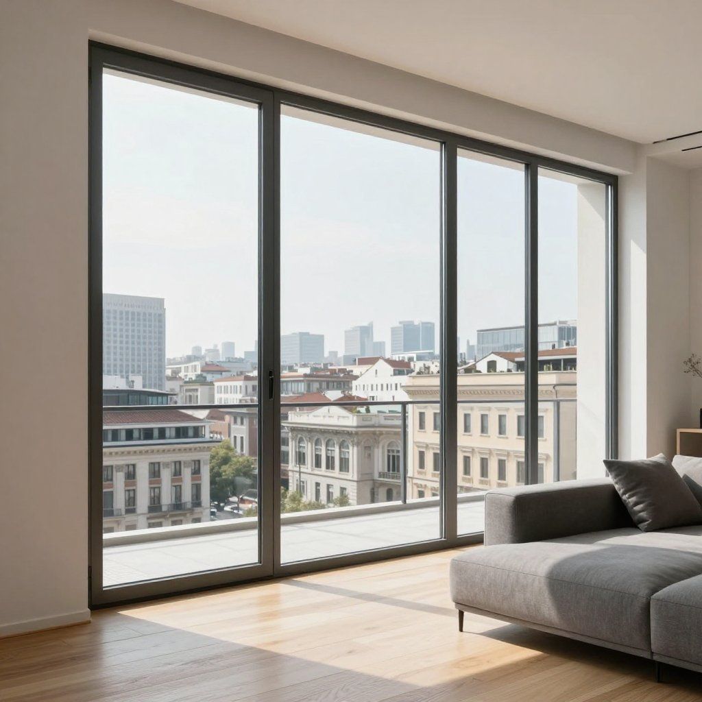 Soggiorno moderno con ampie finestre che si affacciano sullo skyline della citt.