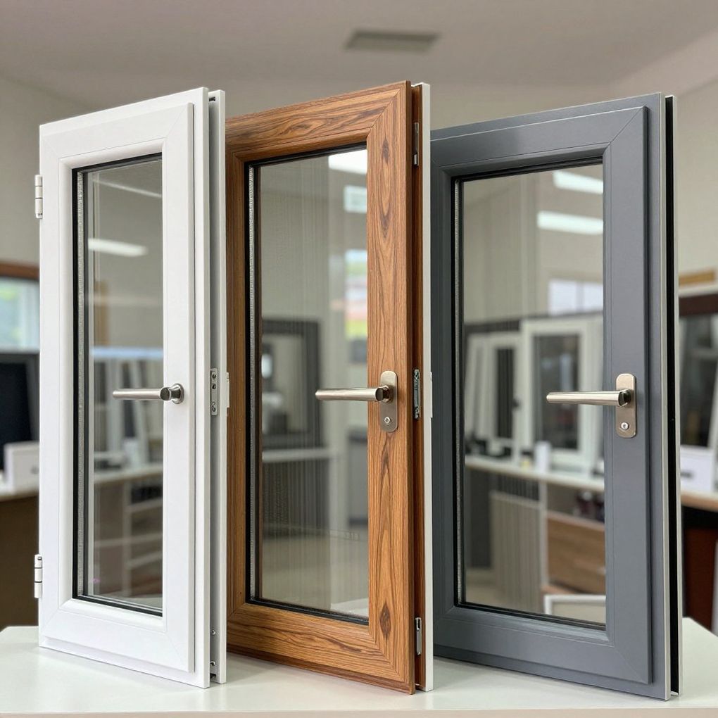 Tre finestre aperte nei colori bianco, effetto legno e grigio, ciascuna con pannello in vetro e maniglia.