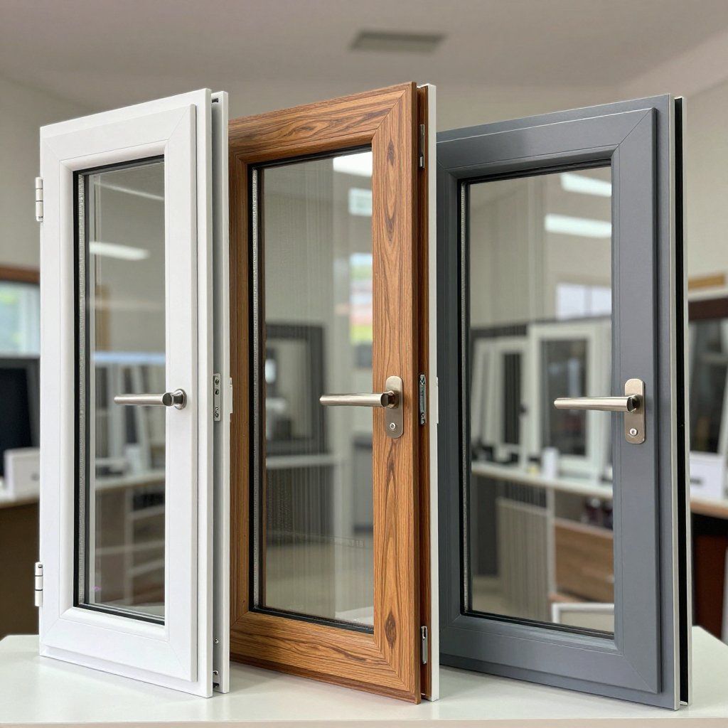 Tre finestre aperte nei colori bianco, effetto legno e grigio, ciascuna con pannello in vetro e maniglia.