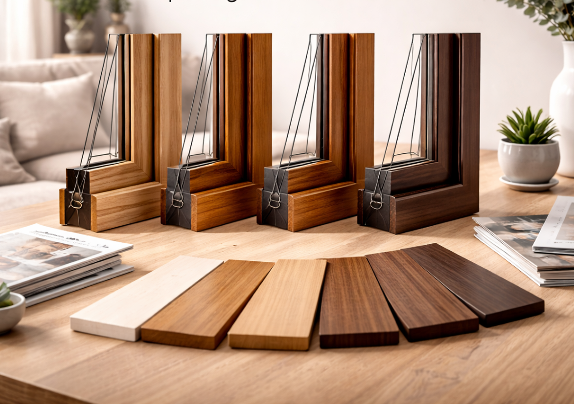 Campioni di telai di finestre in legno in varie tonalità di legno esposti su un tavolo.