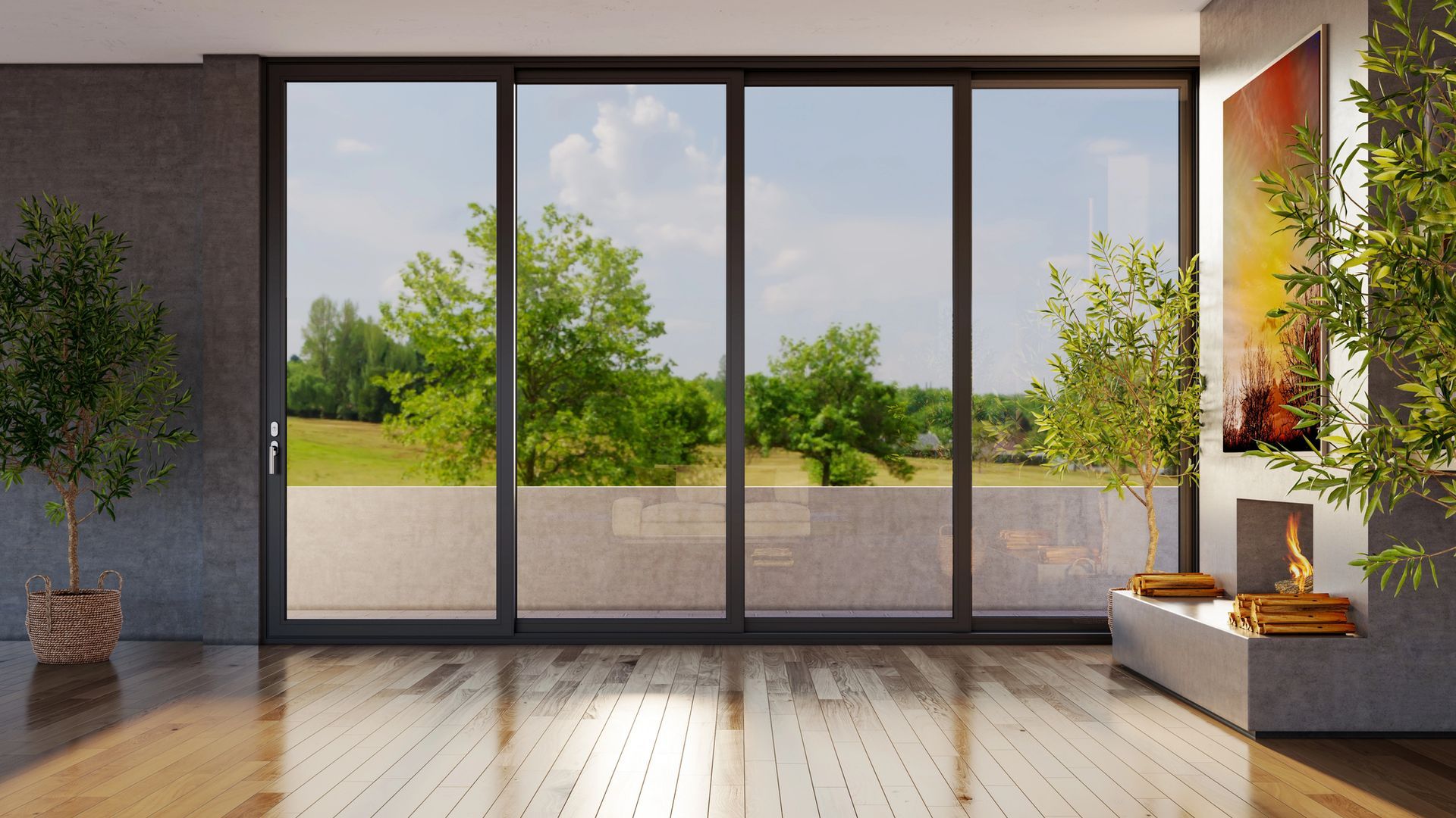 Camera moderna con ampie finestre che si affacciano sul verde paesaggio. Piante e opere d'arte decorano l'ambiente.