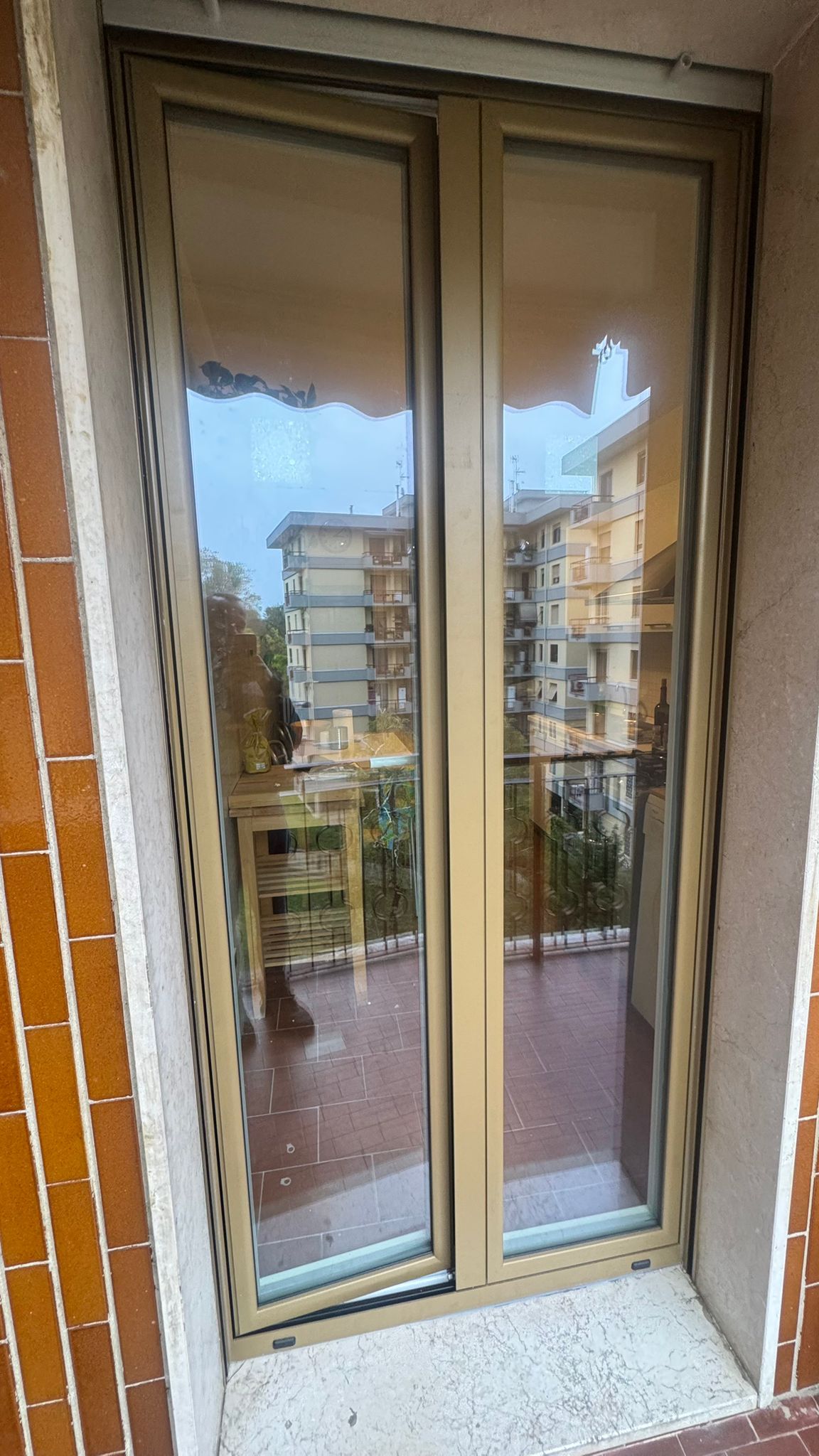 Doppie porte a vetri, con cornici color cuoio, rivelano un balcone con edifici in lontananza.