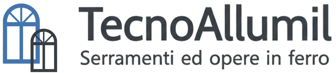 Logo per TecnoAllumil, azienda specializzata nella lavorazione dei metalli e del ferro, con finestre stilizzate.