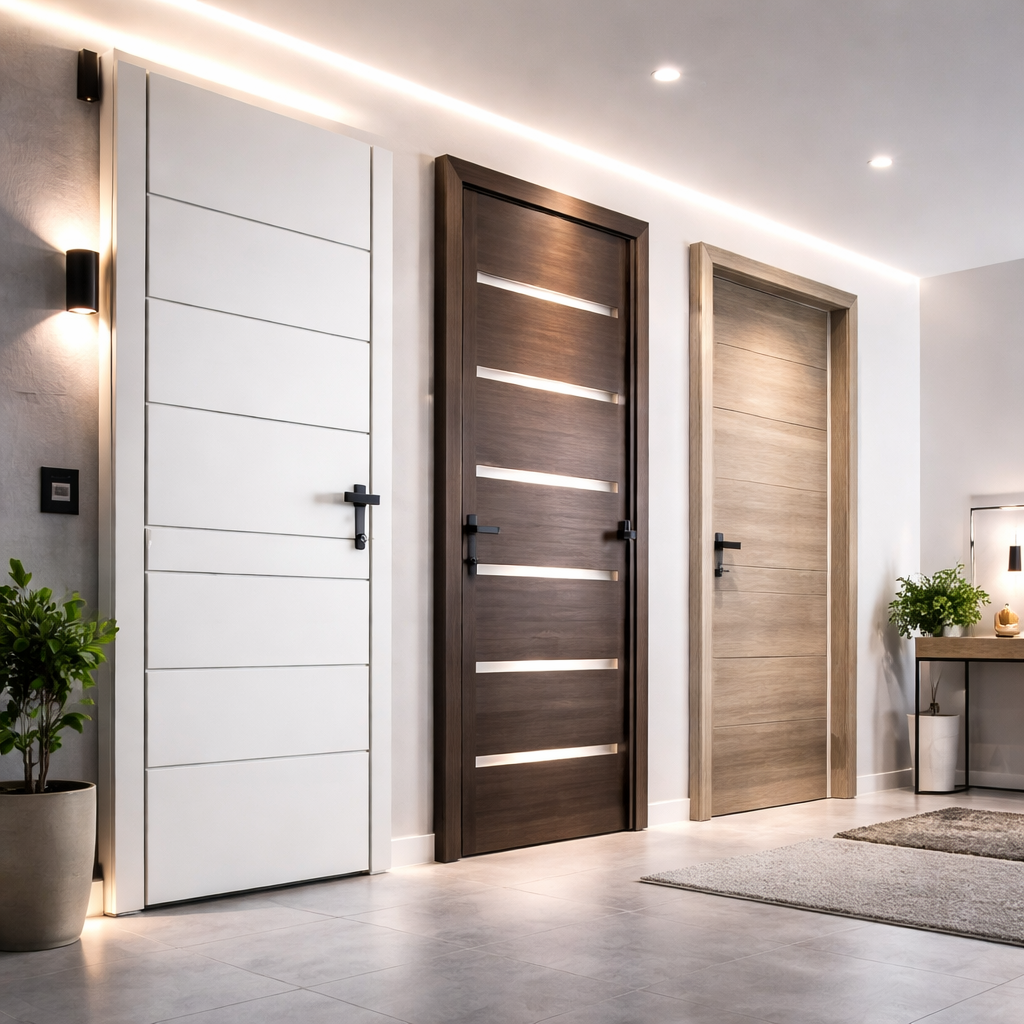 Tre porte interne moderne: bianca, marrone scuro e marrone chiaro, in un corridoio con piante in vaso.
