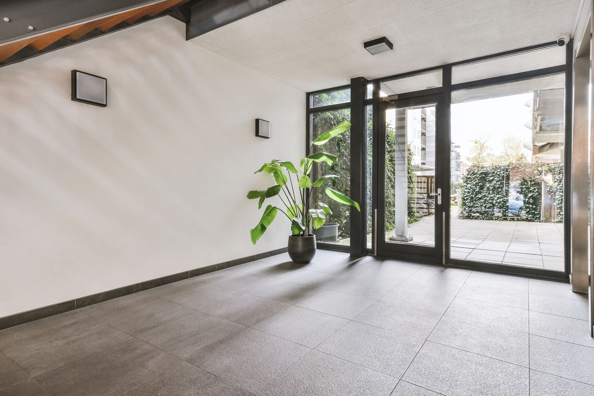 Ingresso interno luminoso con grande pianta, porta a vetri verso l'esterno, due quadrati a parete.