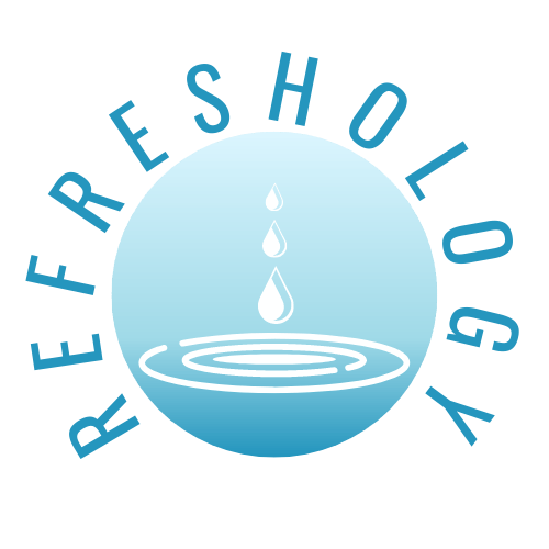 A logo for refreshology with a drop of water in the middle