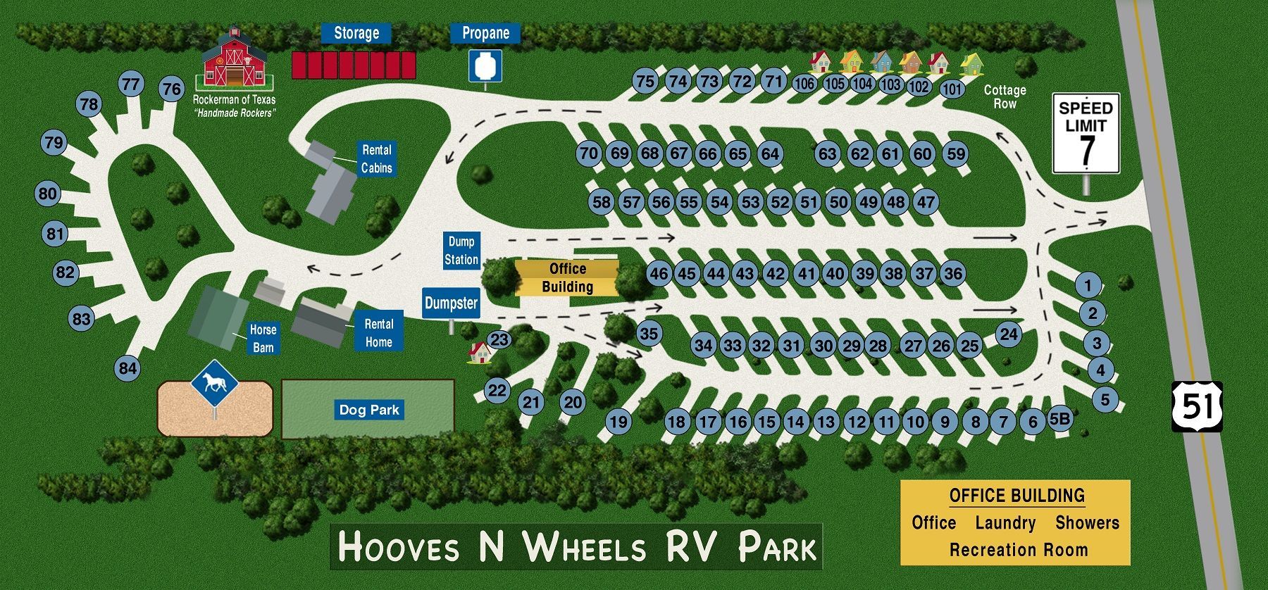 Map of Hooves N Wheels RV Park with campsites, roads, and amenities. Located near Highway 51.