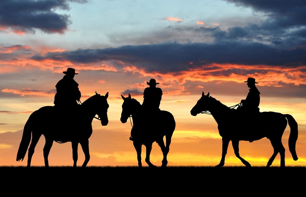 Silhouetted riders on horses against a sunset sky.