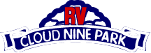 Logo for Cloud Nine RV Park: blue and white banner with 