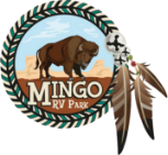 Mingo RV Park logo with bison, desert landscape, and dreamcatcher.