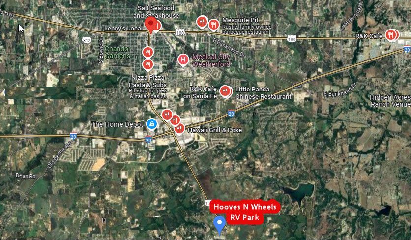 Satellite map with red and blue location markers. Heavens N Wheels RV Park is labeled at the bottom.