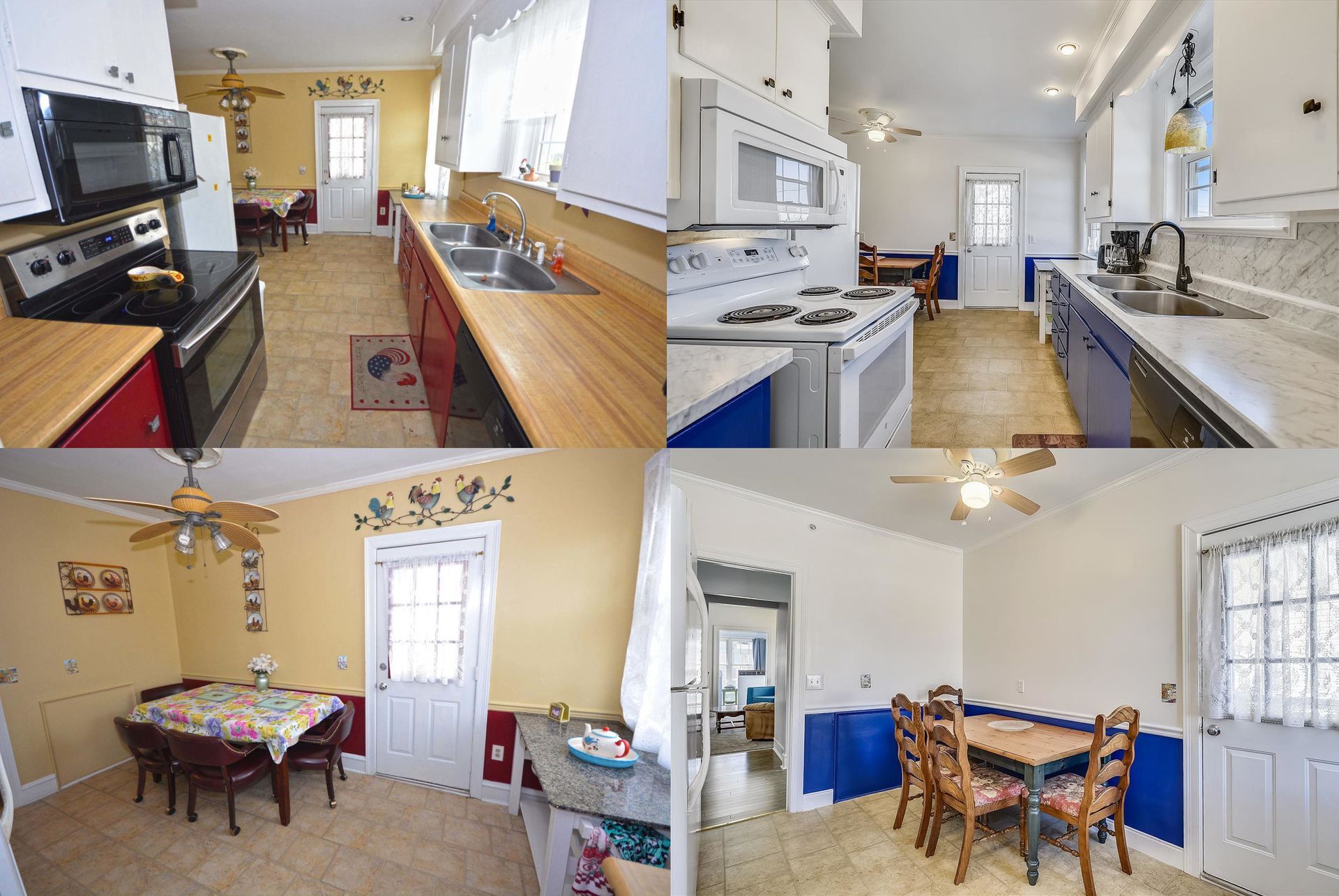A collage of four pictures of a kitchen and dining room